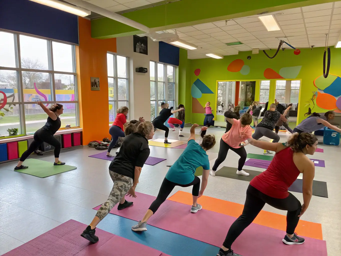 A vibrant image of a fitness studio with people exercising, representing the fitness industry. The image should convey energy and health.
