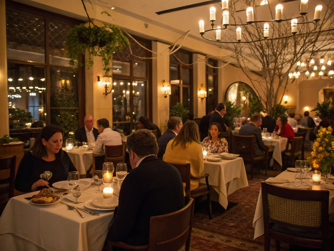 A warm and inviting image of a restaurant interior with happy customers, representing the restaurant industry. The image should convey hospitality and delicious food.